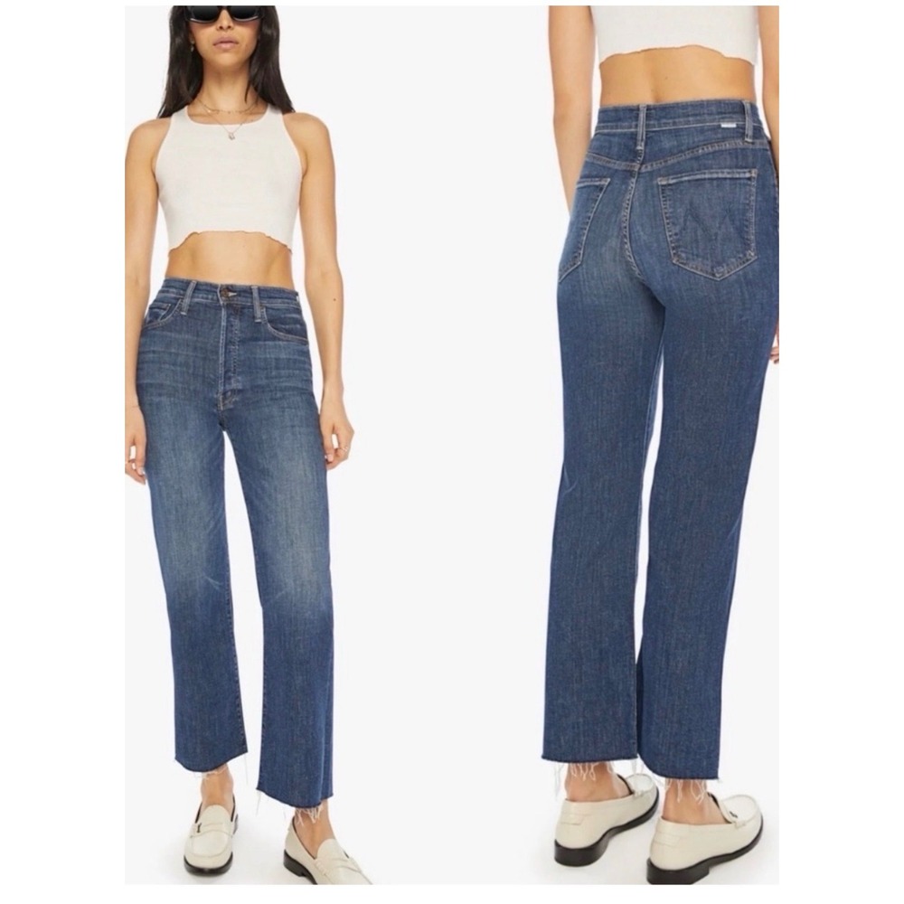 Mother The Rambler Ankle Fray Jeans On Duty Blue High Rise Straight Leg Size 25